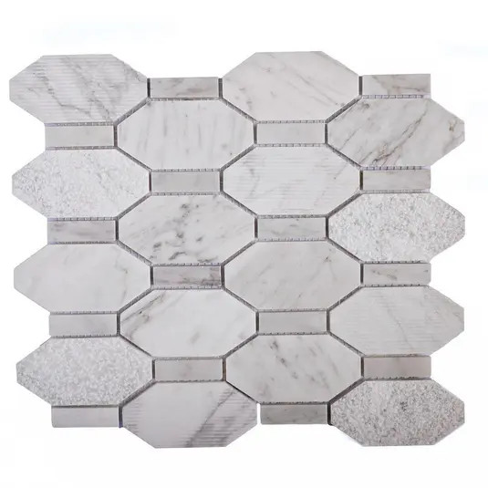 Textured Elongated Carrara Hexagon Marble Mosaic Tile | Tile Club
