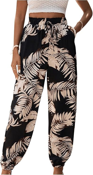 MakeMeChic Women's Summer Beach Tropical Printed Pants Hawaiian Palazzo Jogger Pant High Waist Tr... | Amazon (US)
