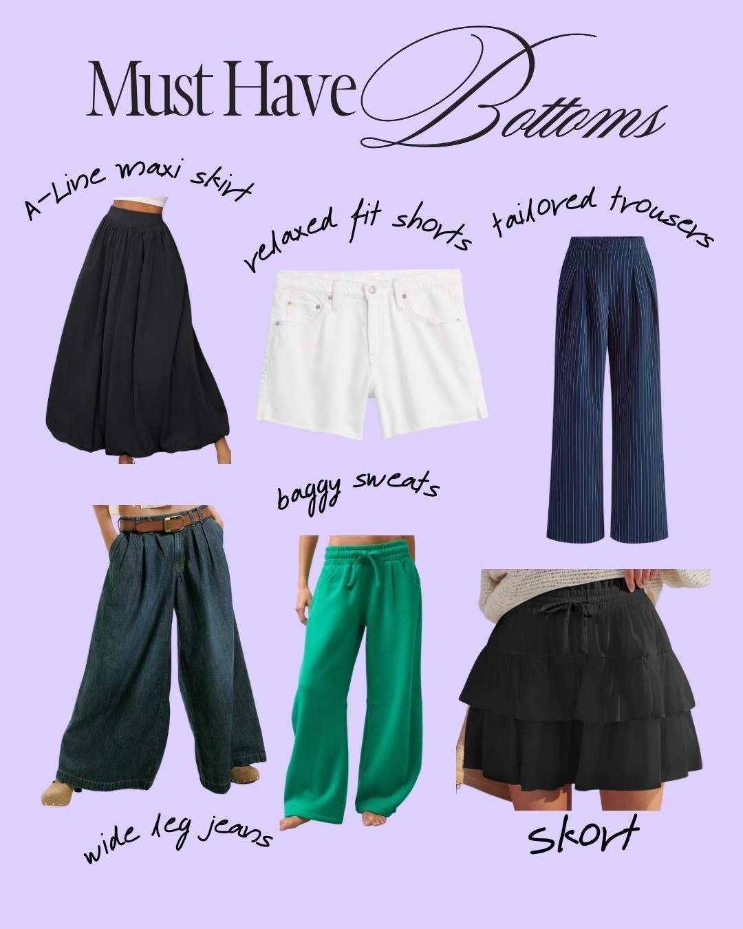 My current must-have bottoms lineup = pieces that actually work with real life (aka chasing a baby, running errands, and still wanting to look put together):

 • A-line maxi skirts → effortless + elevated
 • Relaxed fit shorts → easy, everyday grab
 • Tailored trousers → instant “I have my life together” energy
 • Wide leg jeans → cool without trying
 • Baggy sweats → off-duty but still cute
 • Skort → flirty + functional (because… life)

These are the pieces I keep reaching for on repeat — comfy, versatile, and they all mix with everything.

Shop all my current faves linked 💻✨

#LTKFinds #mustahavebasics 

#LTKmomlife #LTKootd #LTKdayinmylife