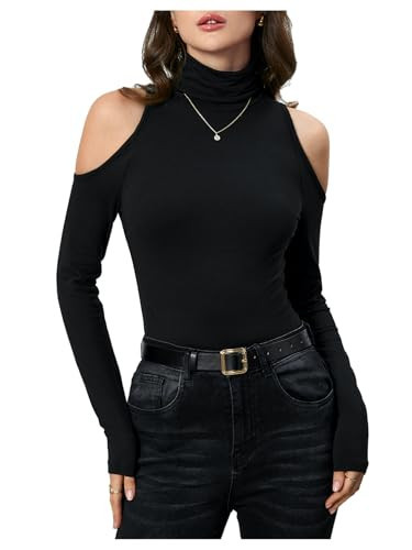 RoseSeek Women's Turtleneck Cut Out Cold Shoulder Tee Tops Long Sleeve Slim Fit Casual Basic T Shirt Black Medium | Amazon (US)