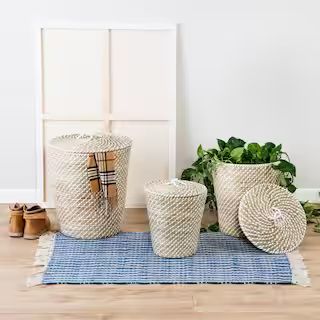 Honey-Can-Do Natural and White Seagrass Accent Tall Basket Set with Lids (Set of 3) STO-08750 | The Home Depot