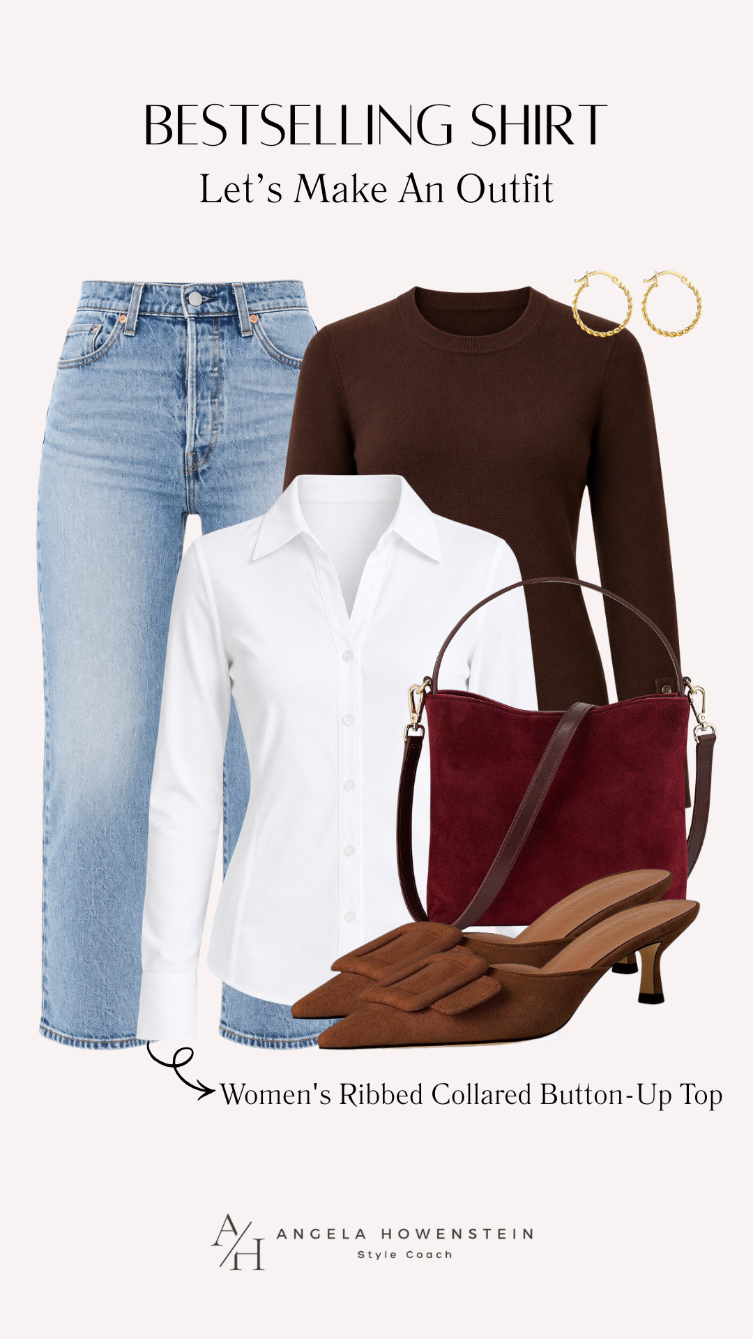 This bestselling white ribbed collared button-up is such a wardrobe workhorse! I love it layered under a chocolate brown sweater with light-wash jeans, then finished with a burgundy bag and brown bow heels for an easy, polished fall outfit.

👩‍💻 LTK PRO TIPS
❤️ Heart = Support my posts ;-)
🔖 Save = Get sale & restock alerts for the things you love!
📋 Lists = Keep favorites organized (List ideas: Christmas, Birthdays, and Vacations!)
📲 Share = Send lists and products to a friend (or your daughters like me).
💬 Comment = Ask me anything, and I’ll answer. ;-) 

 #LTKootd #LTKSeasonal #LTKOver40