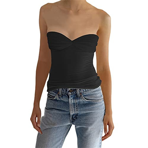 Sexy Strapless Tube Tops for Women Sleeveless Stretchy Solid Hollow Out Crop Top Summer Streewear Tank Top(ZH-black bow shirt,M) | Amazon (US)