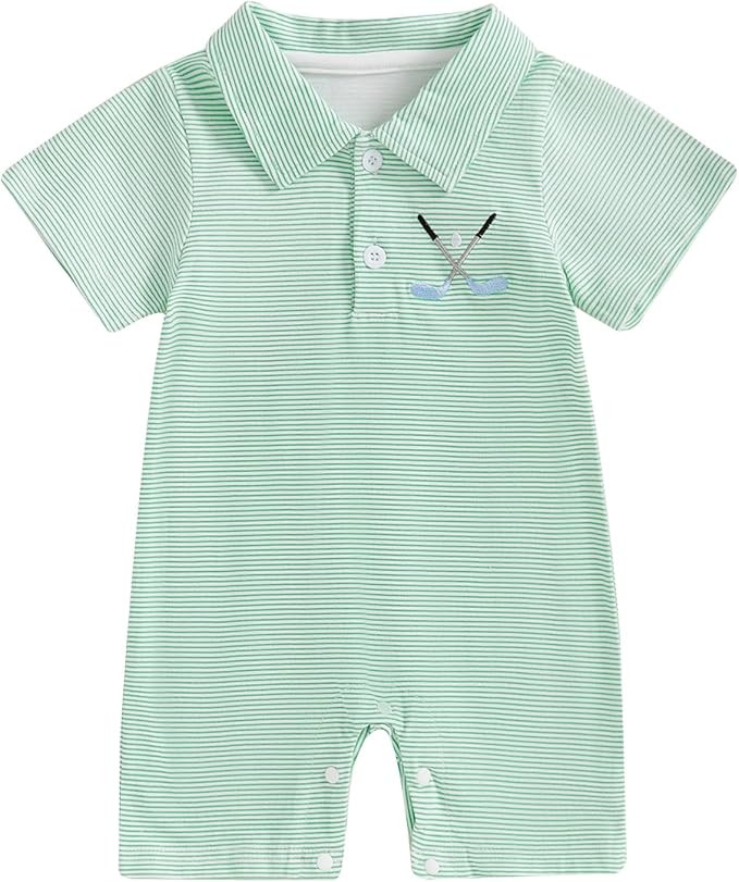 Baby Boy Golf Outfit Short Sleeve Golf Club Embroidery Polo Romper Lapel Button Striped Bodysuit ... | Amazon (US)