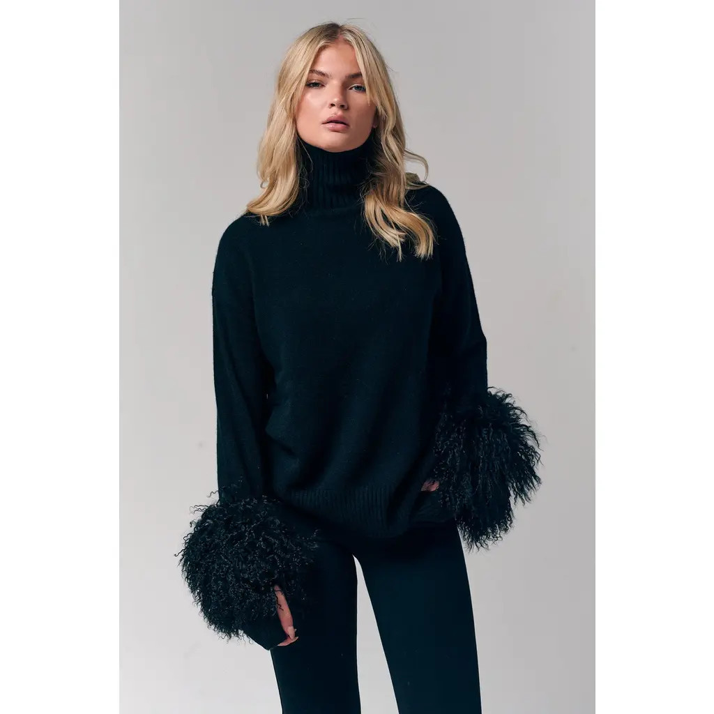 Le Fafo Mongolian Shearling Cuffs Cashmere Sweater in Black at Nordstrom, Size Medium | Nordstrom
