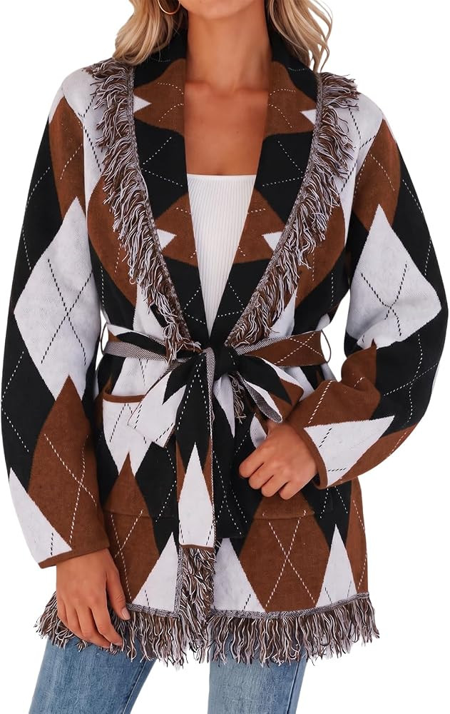 Cicy Bell Women Open Front Cardigans Fringe Argyle Shawl Wrapped Sweaters | Amazon (US)