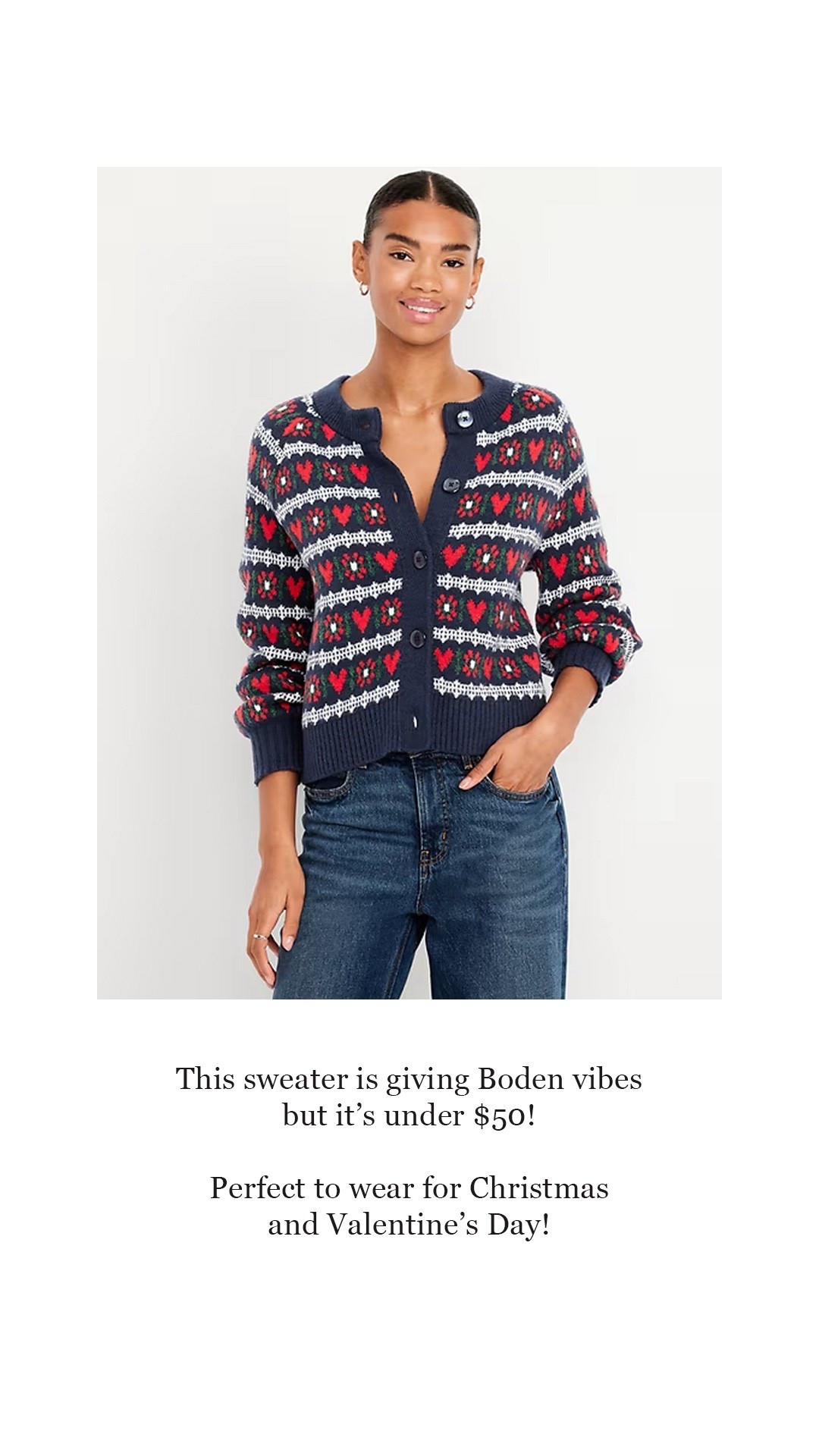 This sweater is giving Biden vibes but it’s under $50! I also love the version in red with heart buttons ❤️ 