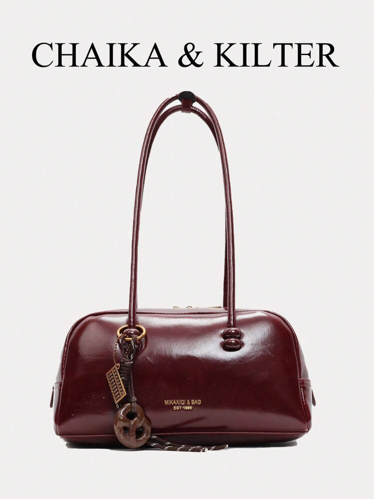 1 Stück CHAIKA & KILTER Damen Glänzende PU Leder Umhängetasche, Modische Große Kapazität Bowlingtasche Mit Doppelten Griffen Und Reißverschlussschluss, Geeignet Für Den Täglichen Gebrauch Und Ausgänge (Mit Anhänger Verkauft) | SHEIN