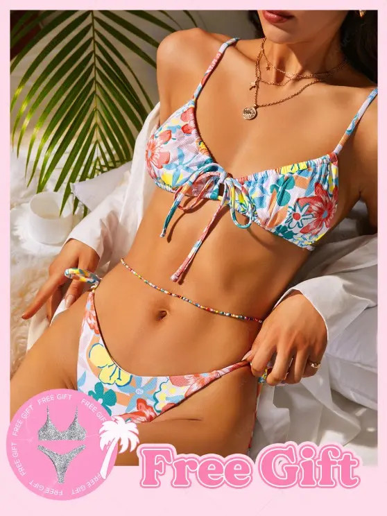 Buy 1 Get 1 Free Bikini Set - Tie Side Ribbed  Floral Bikini Swimwear   MULTI-A | ZAFUL (Global)