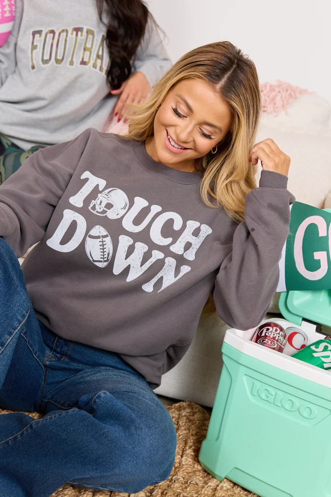 Touchdown Printed Dark Grey Graphic Sweatshirt SALE | Pink Lily