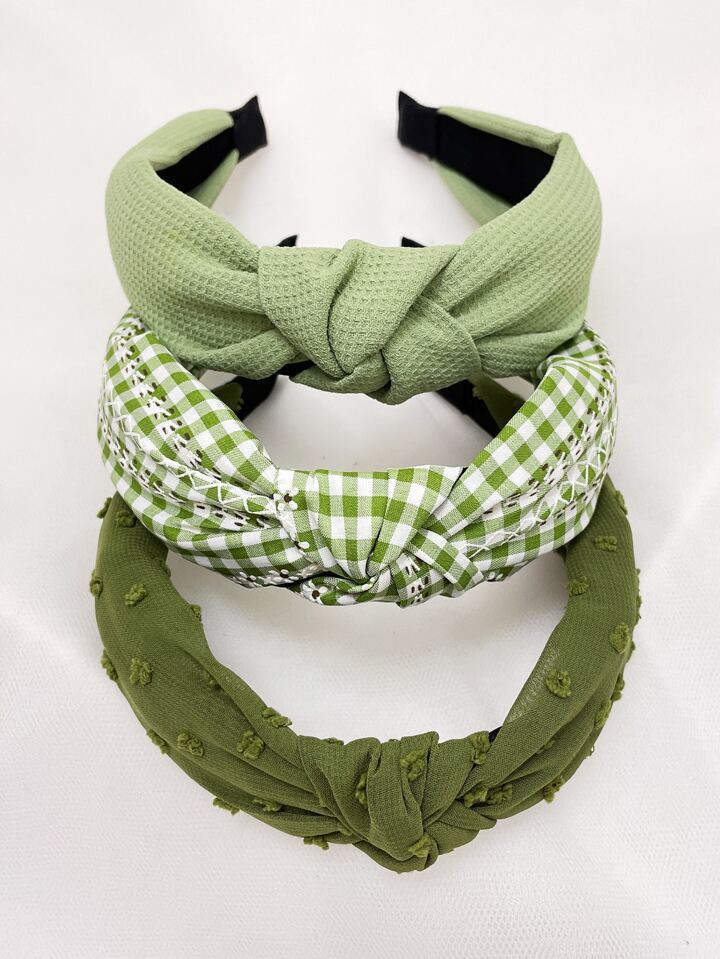 3pcs/set Women's Green Plaid & Solid Color Cloth Wide Knot Headbands, Elegant & Sweet For Daily C... | SHEIN