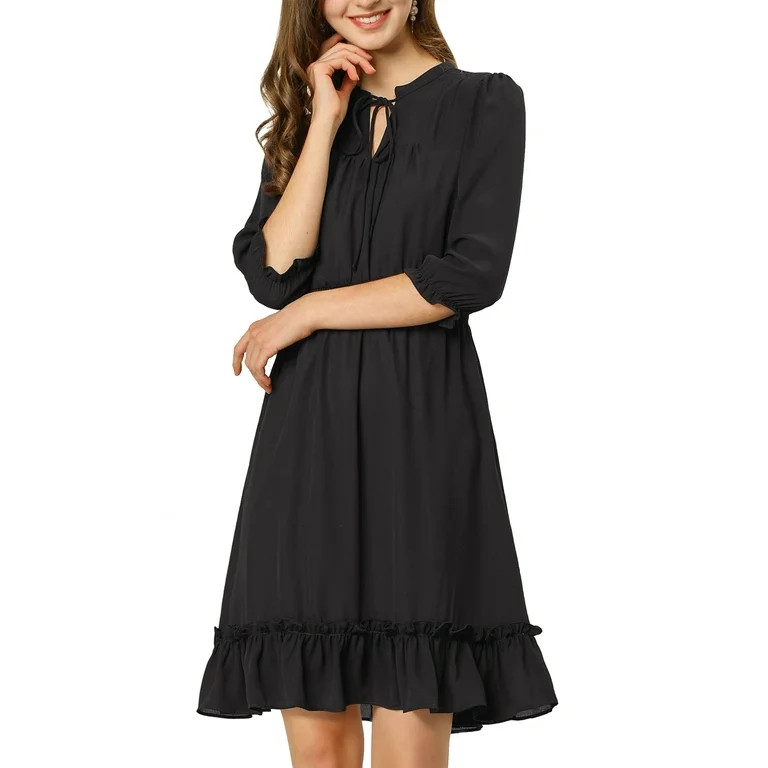 Unique Bargains Women's Tie V Neck Chiffon 3/4 Sleeve Smocked Mini A-Line Dress | Walmart (US)