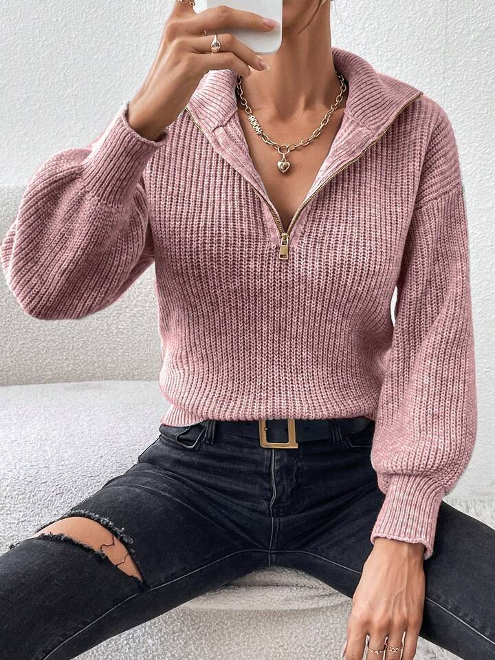 SHEIN Frenchy Half Zip Drop Shoulder Ribbed Knit Sweater | SHEIN