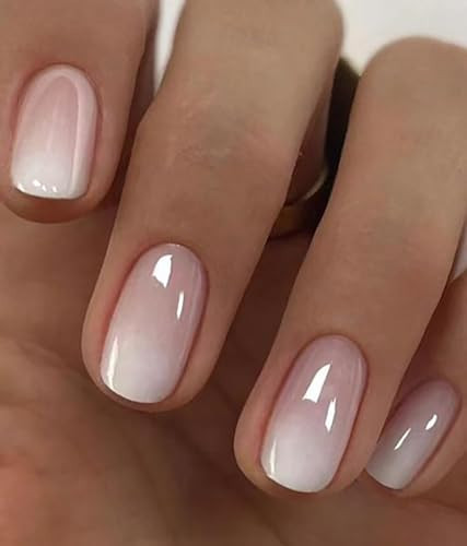 Gradient Short Press on Nails Square Chrome False Nails with Design French Acrylic Nails Glossy Reusable press on nails chrome Fake Nails Full Cover Stick on Nails for Women and Girls | Amazon (US)