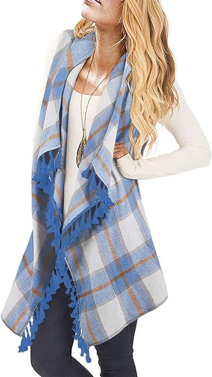 Inorin Womens Sleeveless Plaid Asymmetrical Hem Tassel Drape Open Front Cardigan Vest | Amazon (US)