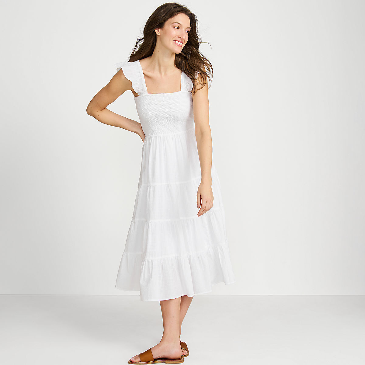 Women's Petite Cotton Dobby Smocked Dress with Ruffle Straps | Lands' End (US)