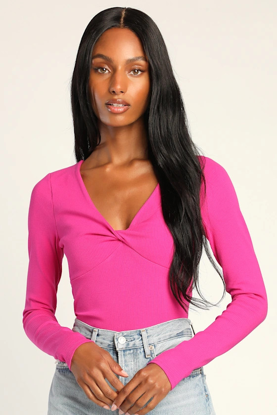 Always Trending Hot Pink Ribbed Twist-Front Long Sleeve Top | Lulus