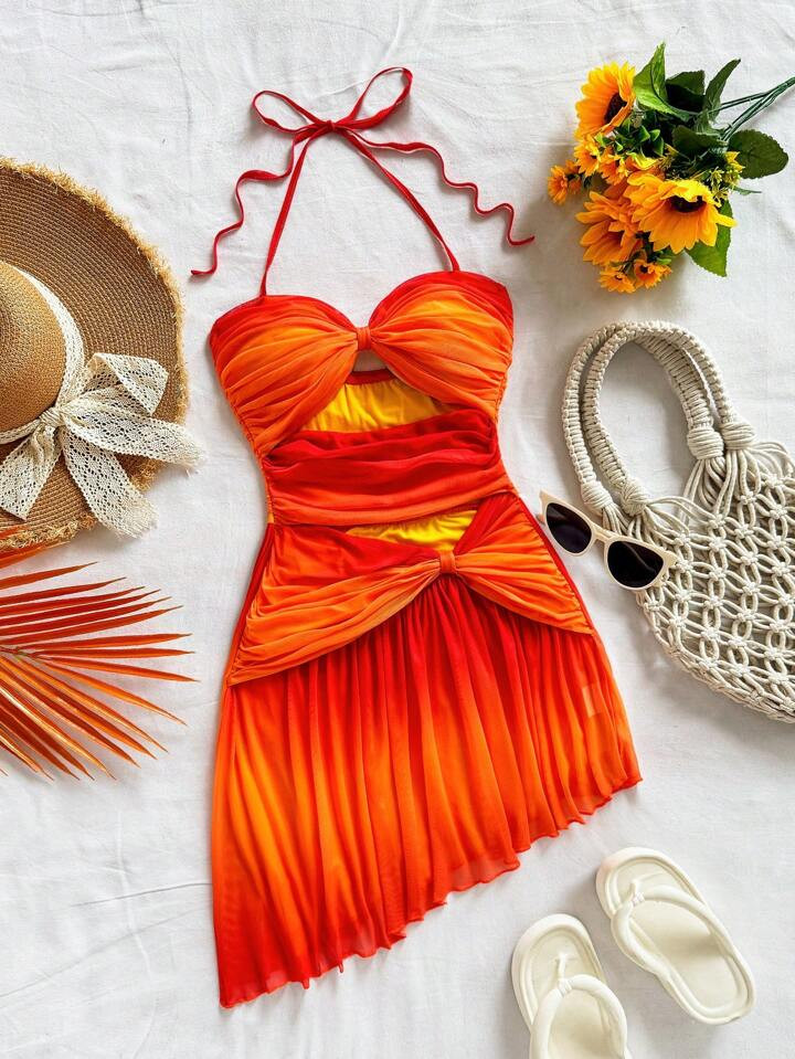 Soleia Vacation Romantic Sunset Ombre Halter Neck Bow Cutout Ruched Mesh Mini Dress, Beach Outfit | SHEIN