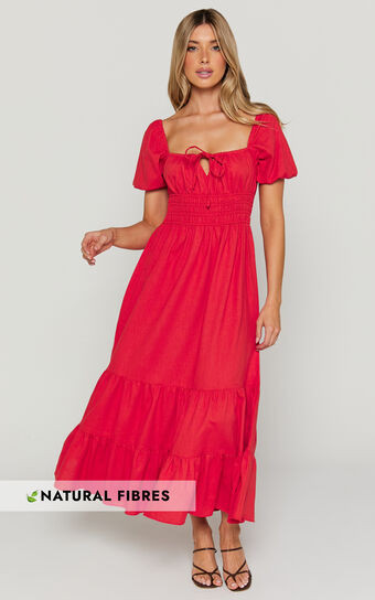 Claritza Midi Dress - Linen Look Short Puff Sleeve Square Neck Tiered Dress in Red | Showpo (US, UK & Europe)