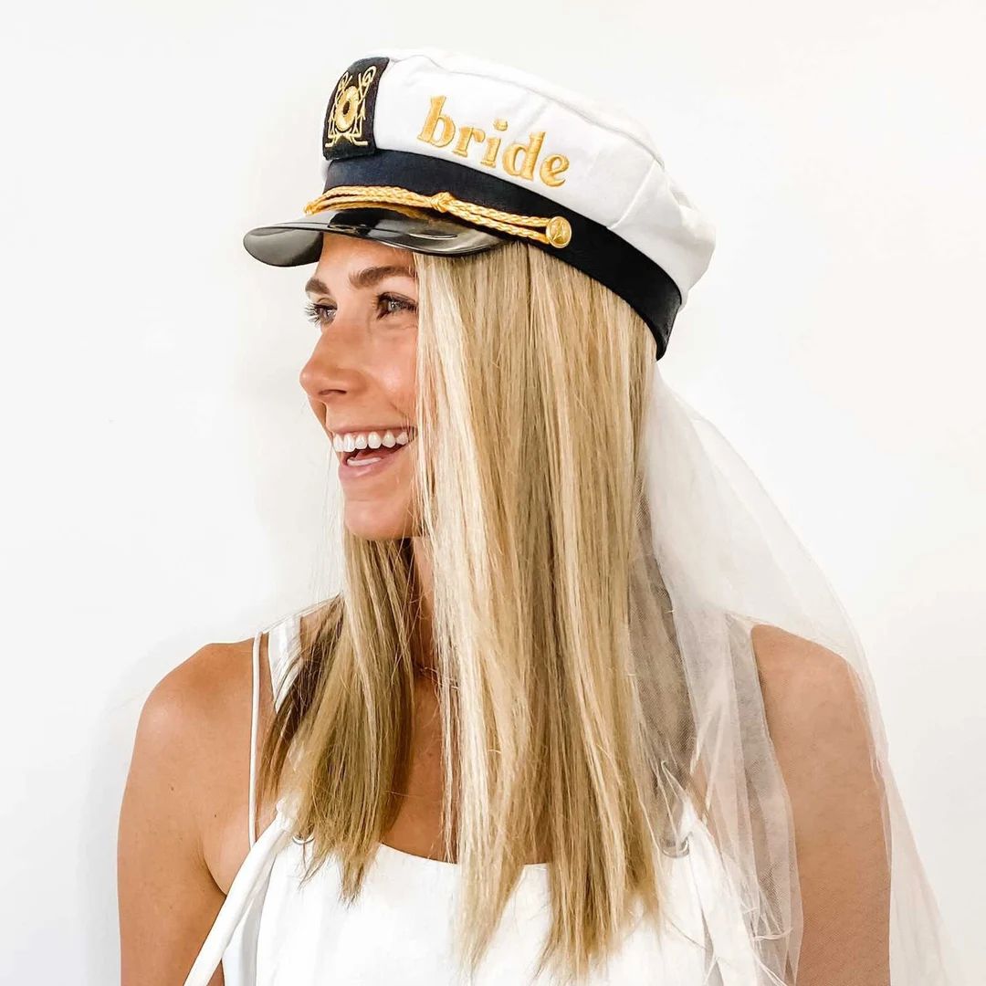 Captain Hat Bride Veil Bachelorette Party Embroidered Nautical Sailor Caps Beach, Boat, Lake Brid... | Etsy (US)