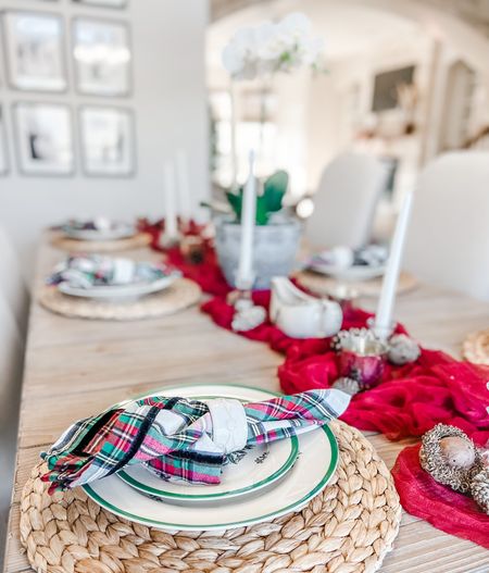 Farmhouse Christmas table decor making me happy this December. 🎄

Holiday centerpiece, table runner, Christmas place setting with Spode Christmas plates, Juliska red tartan plaid napkins, long farmhouse dining room table. Holiday dining room decor. 

#LTKHoliday #LTKhome #LTKSeasonal