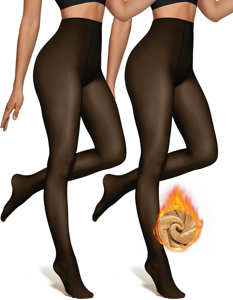 OEAK Womens 2 Pack Fleece Lined Tights Fake Translucent Pantyhose Thermal Opaque High Waisted Leg... | Amazon (US)