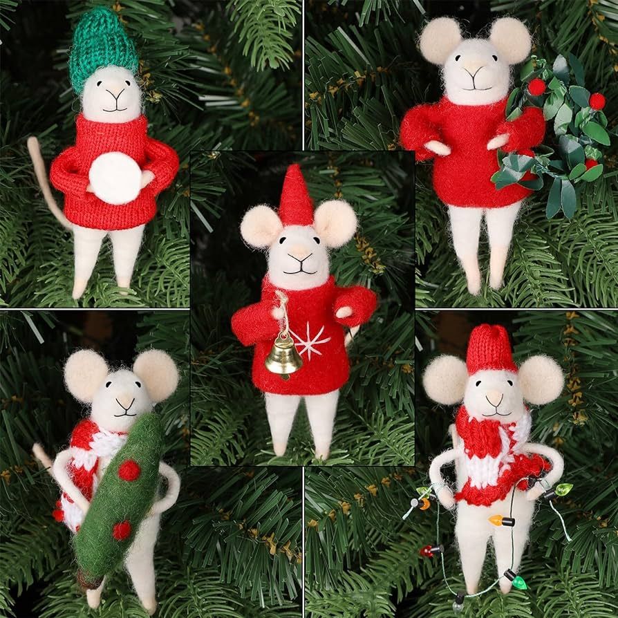 Juegoal Christmas Felt Mice Ornaments Set of 5, Xmas Wool Mouse Hanging Decor, Felt Animal Crafts... | Amazon (US)