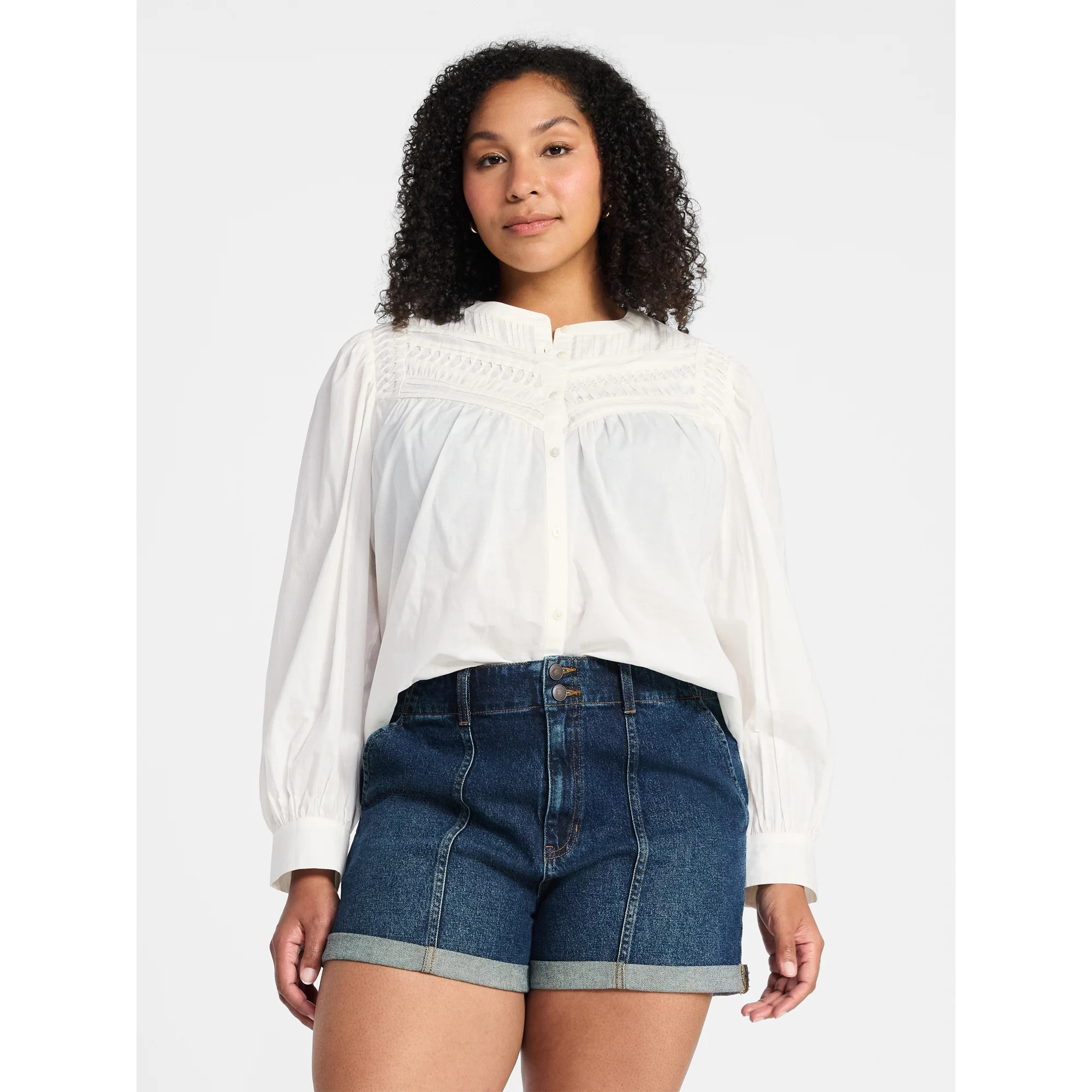 Time and Tru Women's Textured Yoke Cotton Blouse with Long Puff Sleeves, Sizes XS-XXXL | Walmart (US)