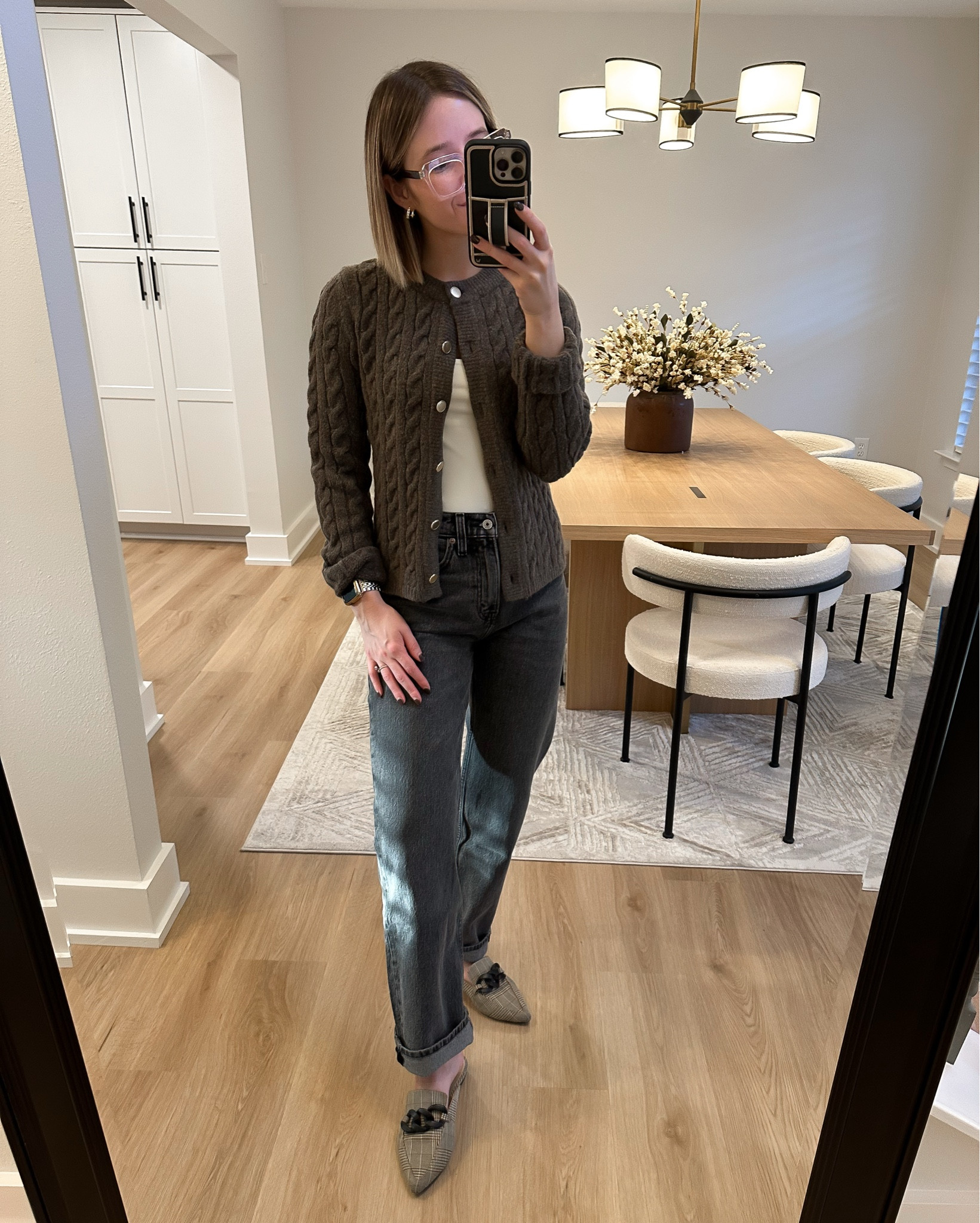 Recent Abercrombie order linked here 

Novelty button crew cardigan xs tts and SO soft and cozy 

Abercrombie squareneck seamless bodysuit in cream - linked similar
 
Women’s high rise vintage straight Jean size 25r tts for this style but not sure I love these jeans on me 

Steve Madden plaid chain mules tts 

#LTKSeasonal #LTKStyleTip #LTKFindsUnder100