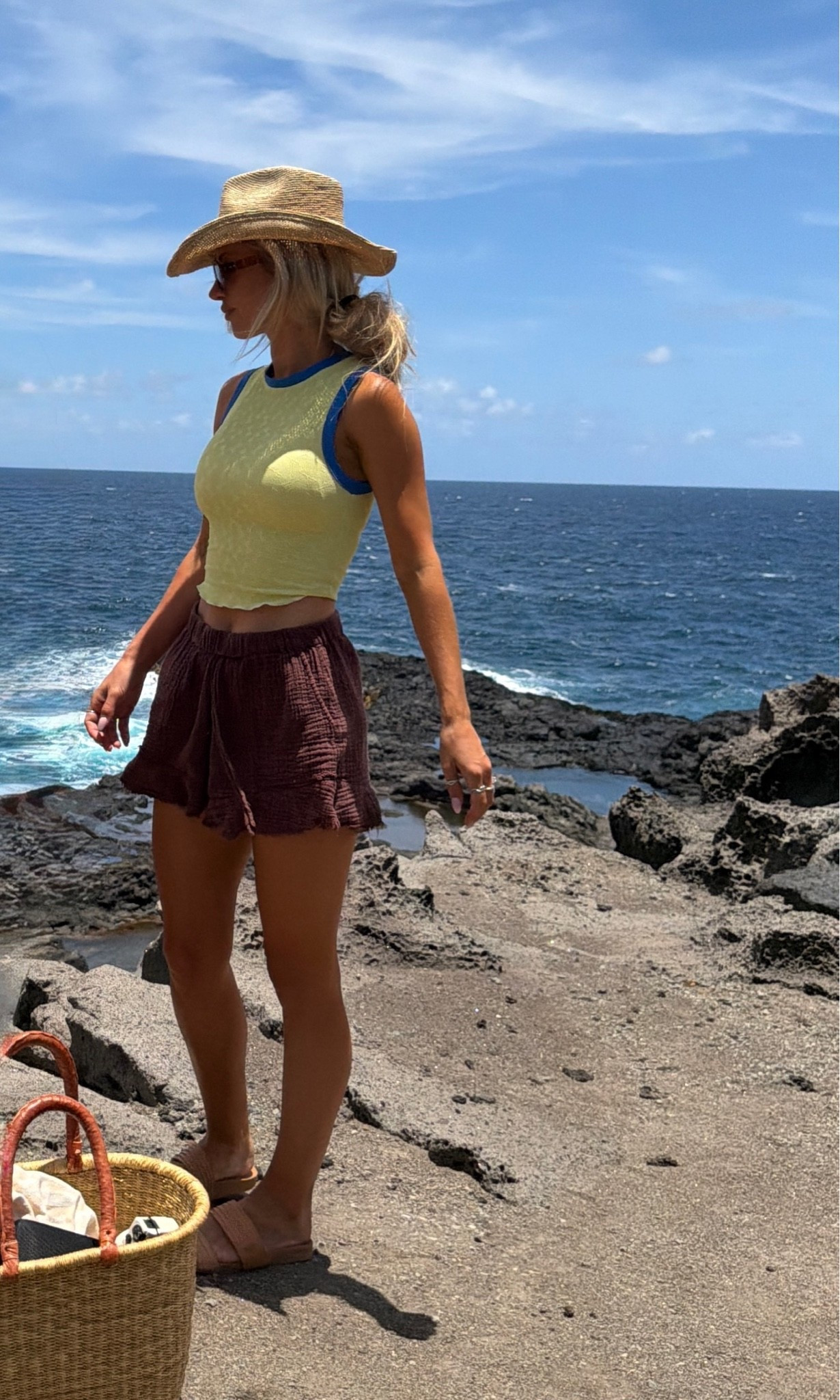 This top is a swimsuit. Obsessed! 
Wearing size XS 
The shorts are no longer available but linking other cute brown flowy shorts!
I always size up in my reef sandals.

#LTKootd