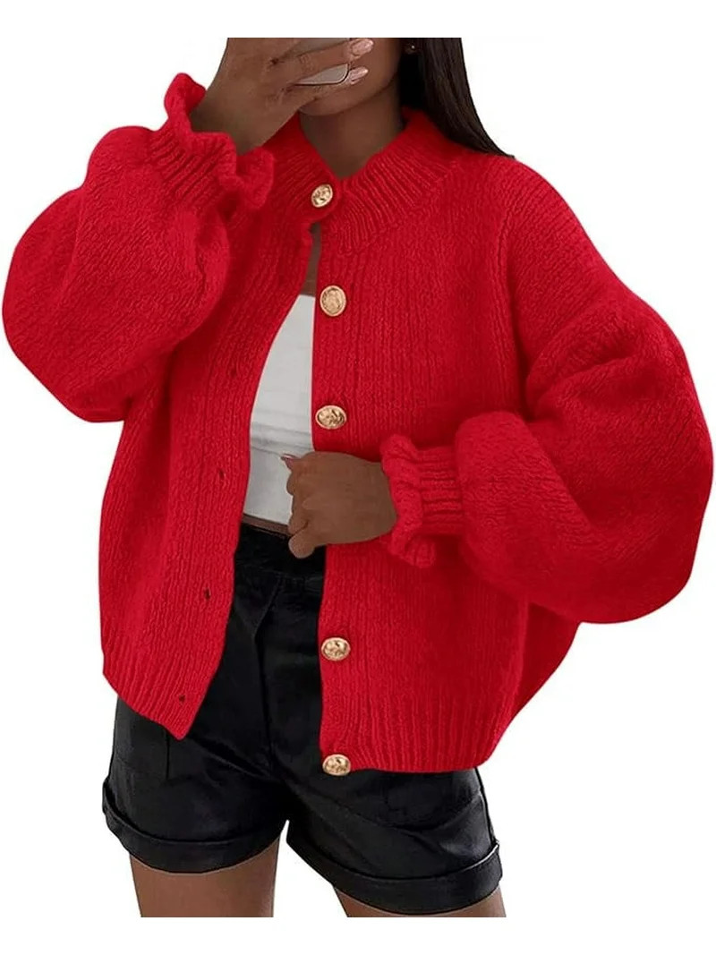 PRETTYGARDEN Womens Cropped Cardigans Trendy Ruffle Open Front Chunky Knit Sweater Oversized Butt... | Walmart (US)