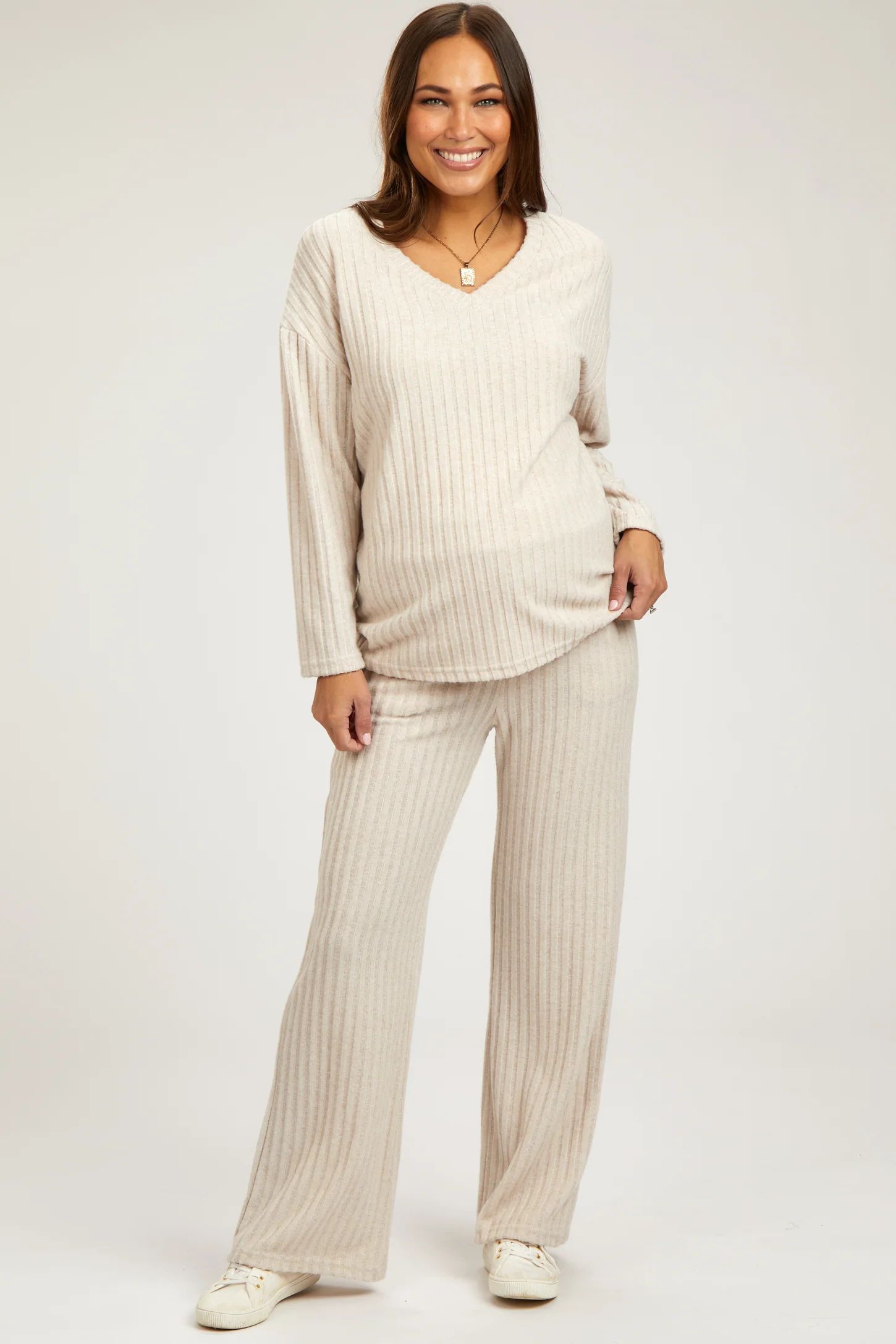 Cream Ribbed Soft Knit Long Sleeve Maternity Pajama Set | PinkBlush Maternity