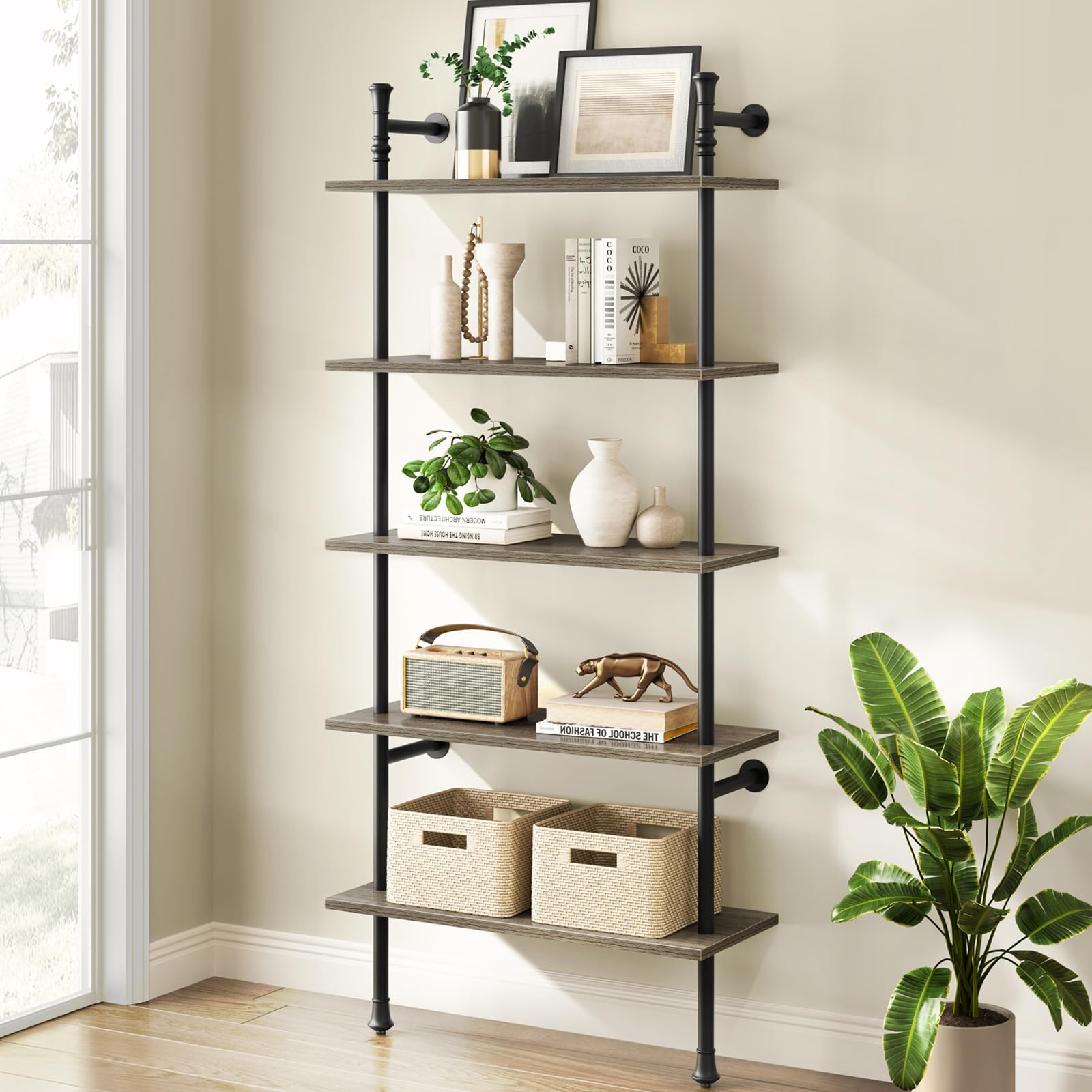 5 Tier Shelf, Wall Mounted Bookshelf, Industrial Bookcase, Open Display Shelves Tall Modern Book ... | Amazon (US)