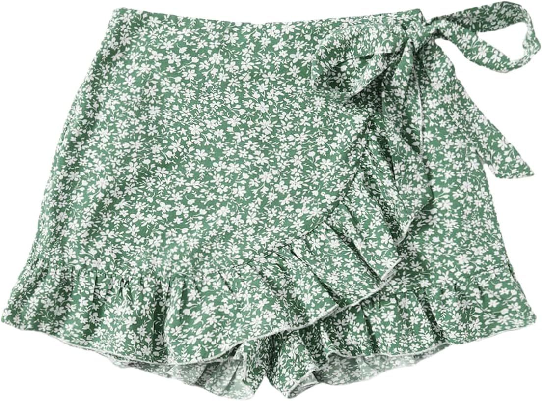 MakeMeChic Women's Boho Floral Print Elastic Waist Ruffle Wrap Tie Skorts Skirt Skorts | Amazon (US)