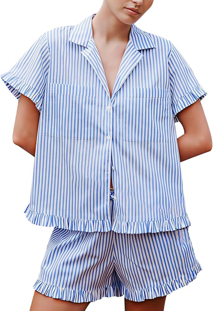 Wyeysyt Womens Striped Cotton Pajama Sets Shorts 2 Piece Cute Pjs Sets Summer Lounge Set | Amazon (US)