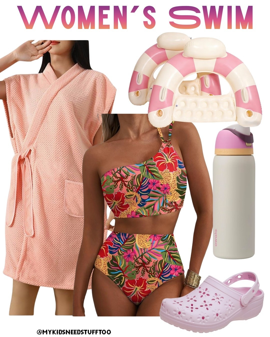 Women’s swim.  For juggling toddlers I think this beach coverup towel is perfect to look cute and dry off while holding kids.  Also I don’t wear one pieces anymore.  Going the bathroom at the beach with toddlers needs to be quick either they’re opening the door and I don’t want my boobs out or they’re touching EVERYTHING.  Two piece swimsuits make it so much easier and quicker.  Also how stinking cute our these flower crocs! 

#LTKActive #LTKSeasonal #LTKmomlife