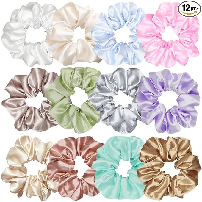 Sufermoe 12 Pcs Satin Silk Hair Scrunchies, Assorted Light color, 4.5 Inch Hair Ties for Women Gi... | Amazon (US)