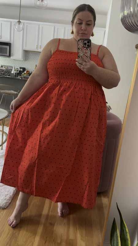 cutest red smocked midi from target. only $30 and comes in multiple colors and sizes XS-4X. I am wearing a size 1X. 

#LTKMidsize #LTKFindsUnder50 #LTKPlusSize