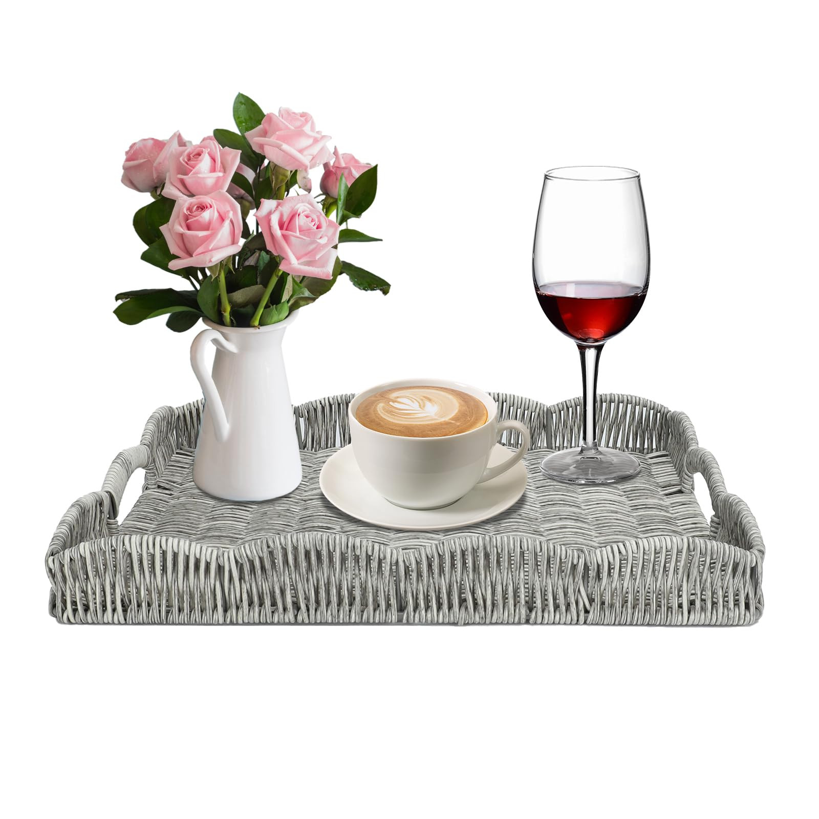 Rectangle Wicker Scalloped Tray, Hand Woven Synthetic Rattan Serving Tray with Handles, Coffee Table Decorative Tray Basket for Modern Boho Rustic Home Ornament or Organizing (Grey) | Amazon (US)