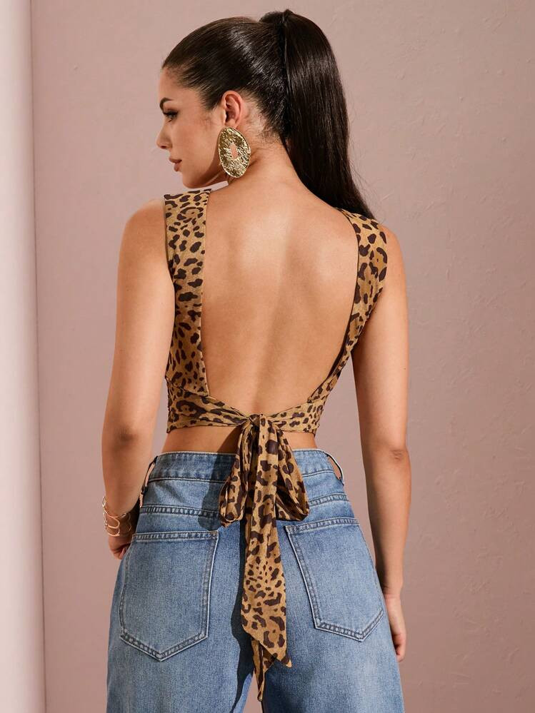 SHEIN BAE Women's Backless Bowknot Halter Tank Top With Leopard Print, Elegant Sleeveless Casual ... | SHEIN