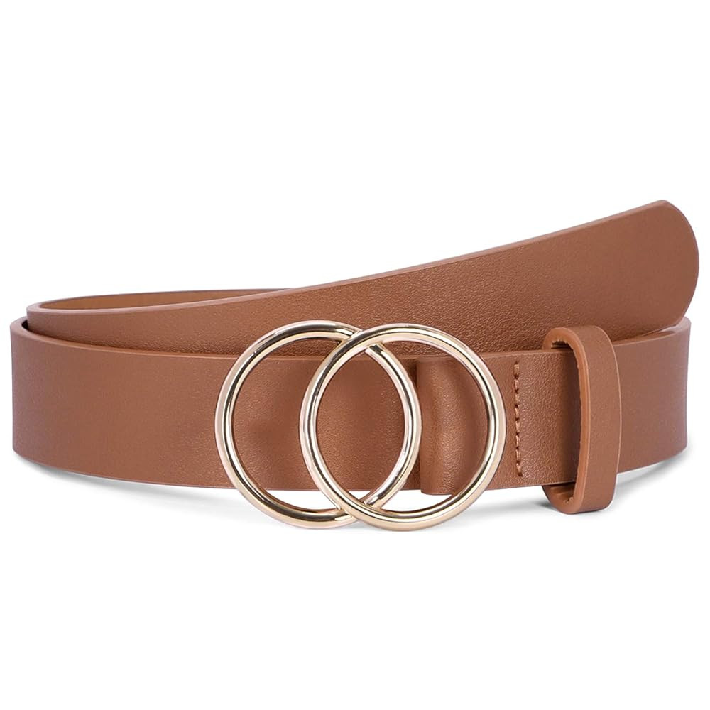 SUOSDEY Women Leather Belt Fashion Double O-Ring Soft Faux Leather Waist Belts For Jeans Dress | Amazon (US)