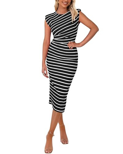 PRETTYGARDEN Women's Dresses 2025 Summer Casual Sleeveless Crewneck Slim Ruched Striped Knit Slit Midi Bodycon Dress(Black White,Medium) | Amazon (US)