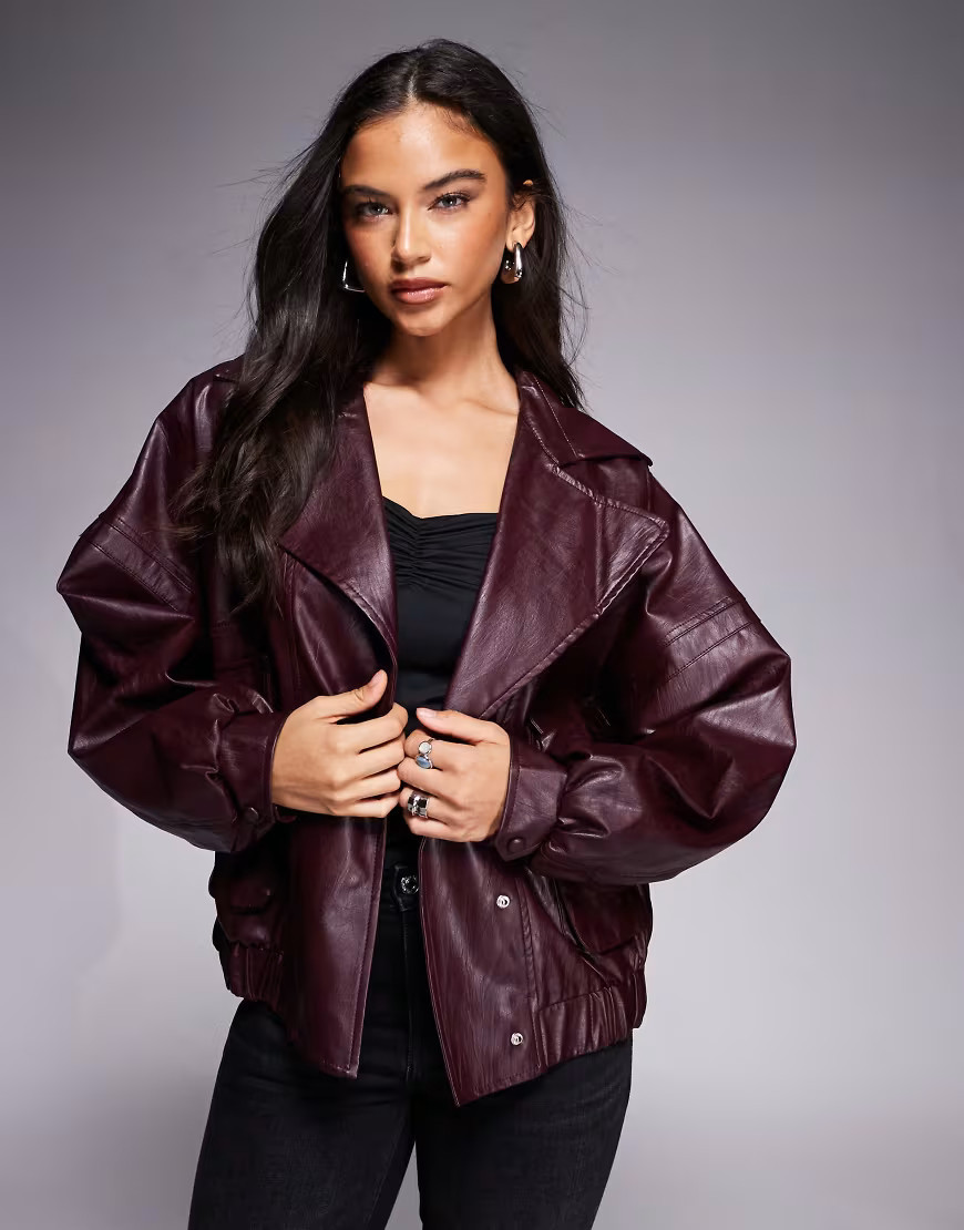 Kaiia exclusive textured faux leather oversized bomber jacket in burgundy | ASOS (Global)
