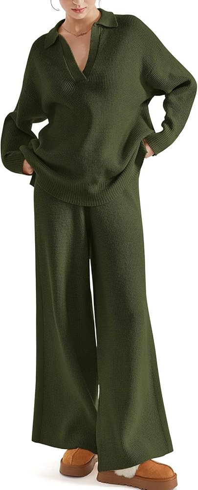 SUUKSESS Women 2 piece Fall outfits Matching Lounge Set Waffle Knit Sweater sets | Amazon (US)