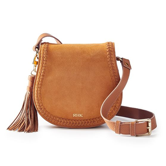 Equestrian Suede Crossbody Bag, Camel, Foil Debossed | Mark and Graham