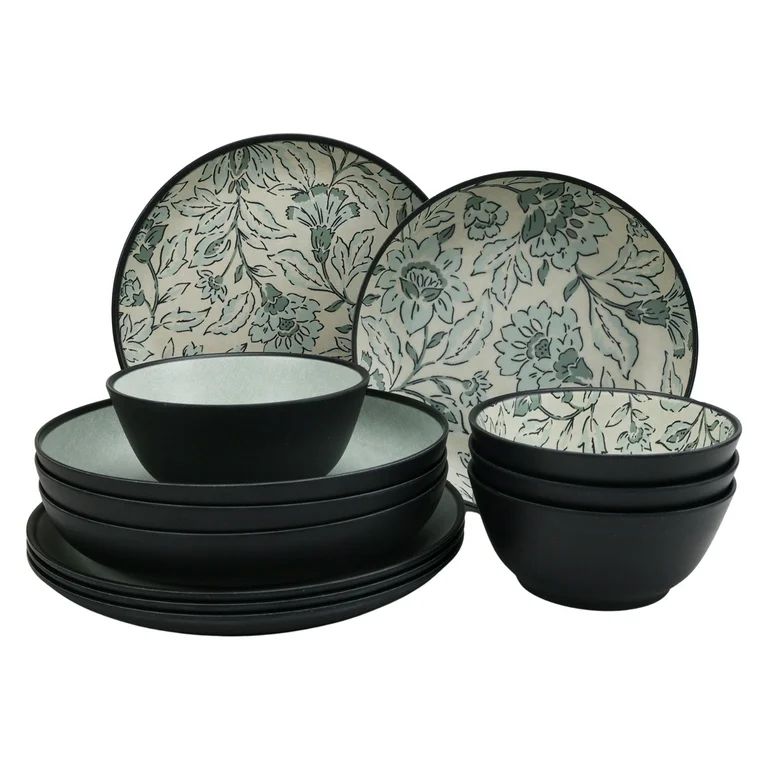 Better Homes & Garden 12-Pack Bamboo Melamine Dinnerware Set, Botanical and Linen Print | Walmart (US)