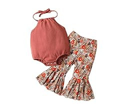 Kaipiclos Toddler Baby Girl Sleeveless Halter Ribbed Solid Romper Sunflower Floral Print Flare Be... | Amazon (US)