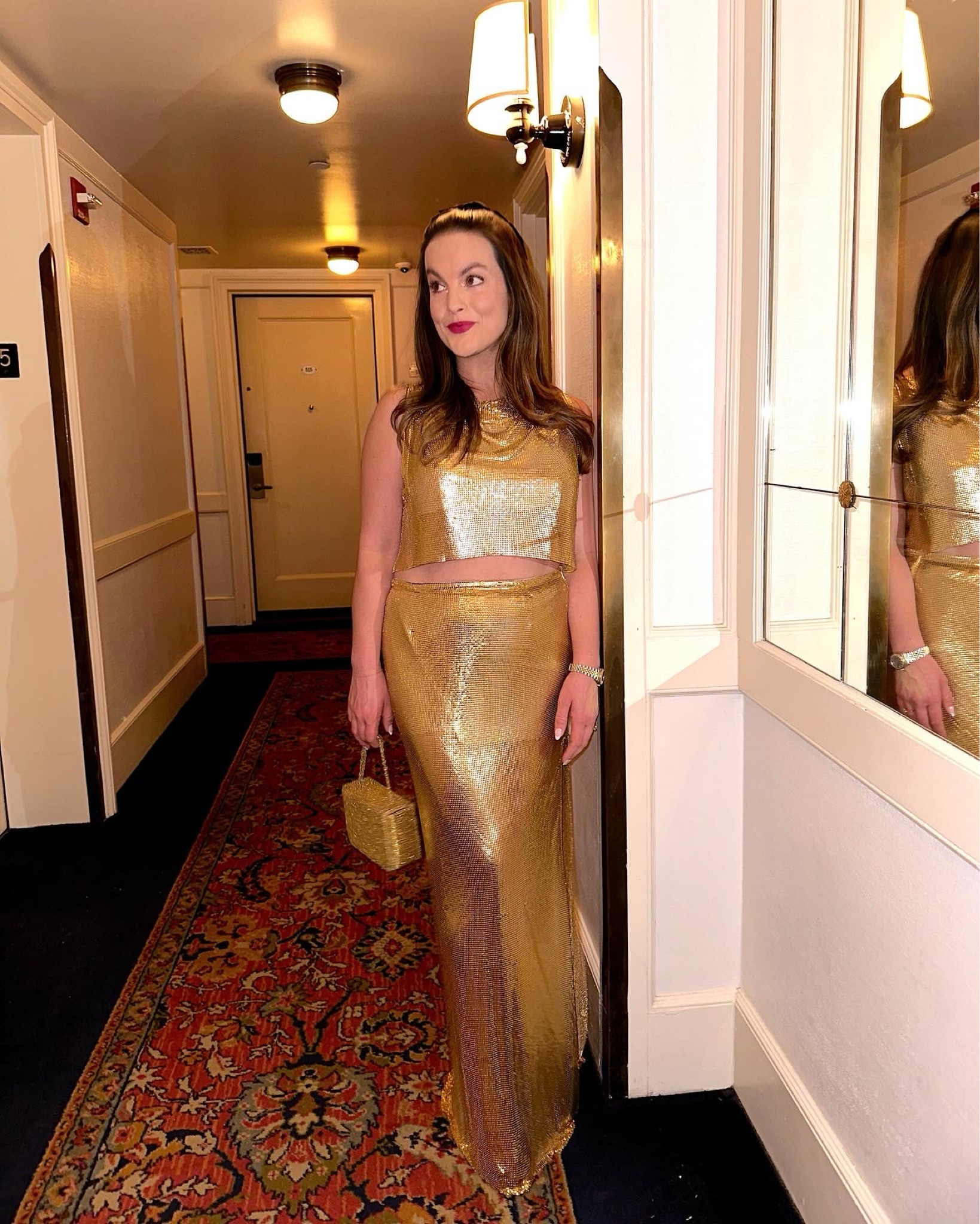 gold chainmail set for dinner in new york 🚕 wearing the medium in both pieces, and the skirt is meant to be midi length. it was so long on me but loved the look 

#LTKstyletip