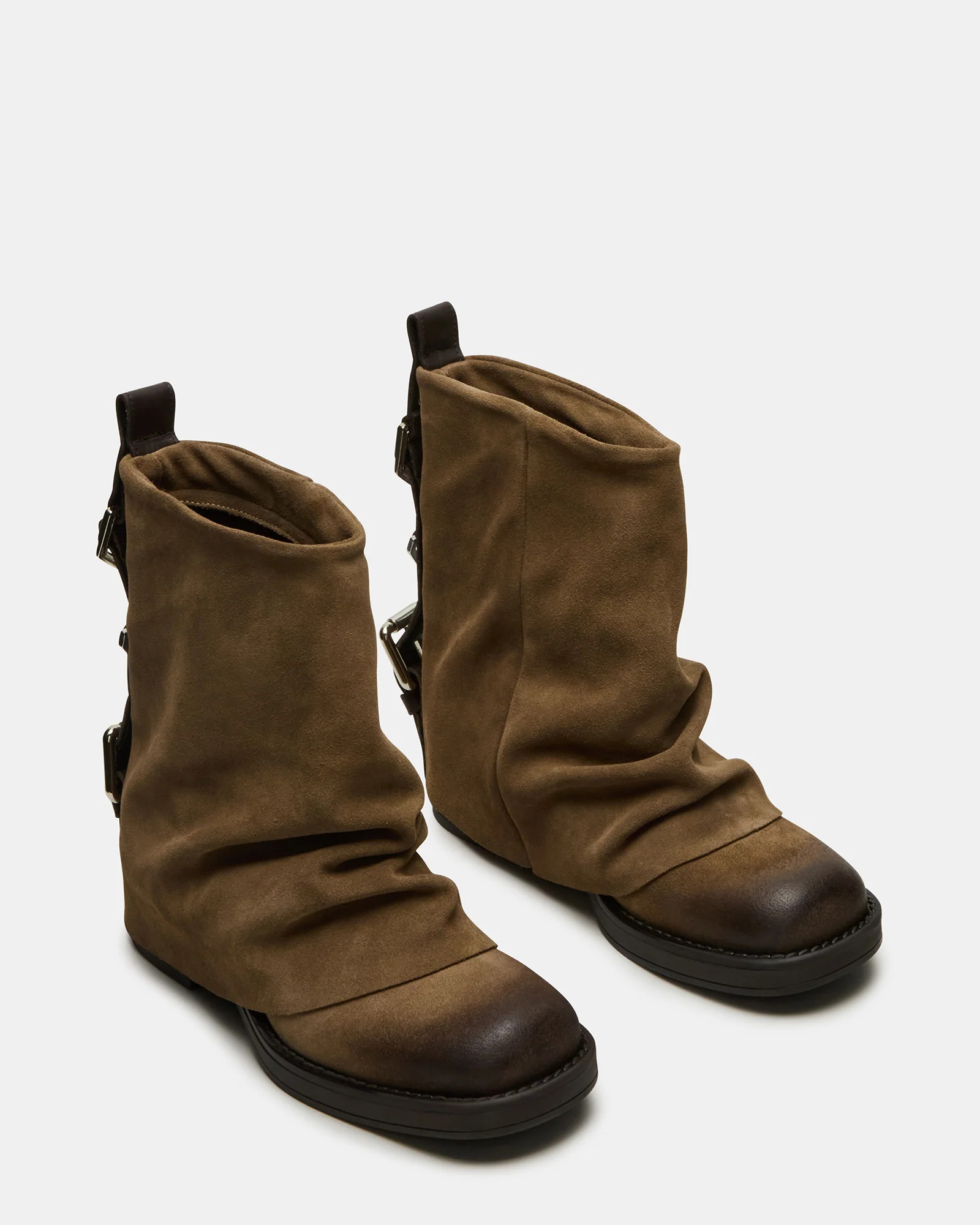 BENJI Taupe Suede Cuffed Fold-Over Moto Buckle Women's Ankle Boot | Steve Madden (US)