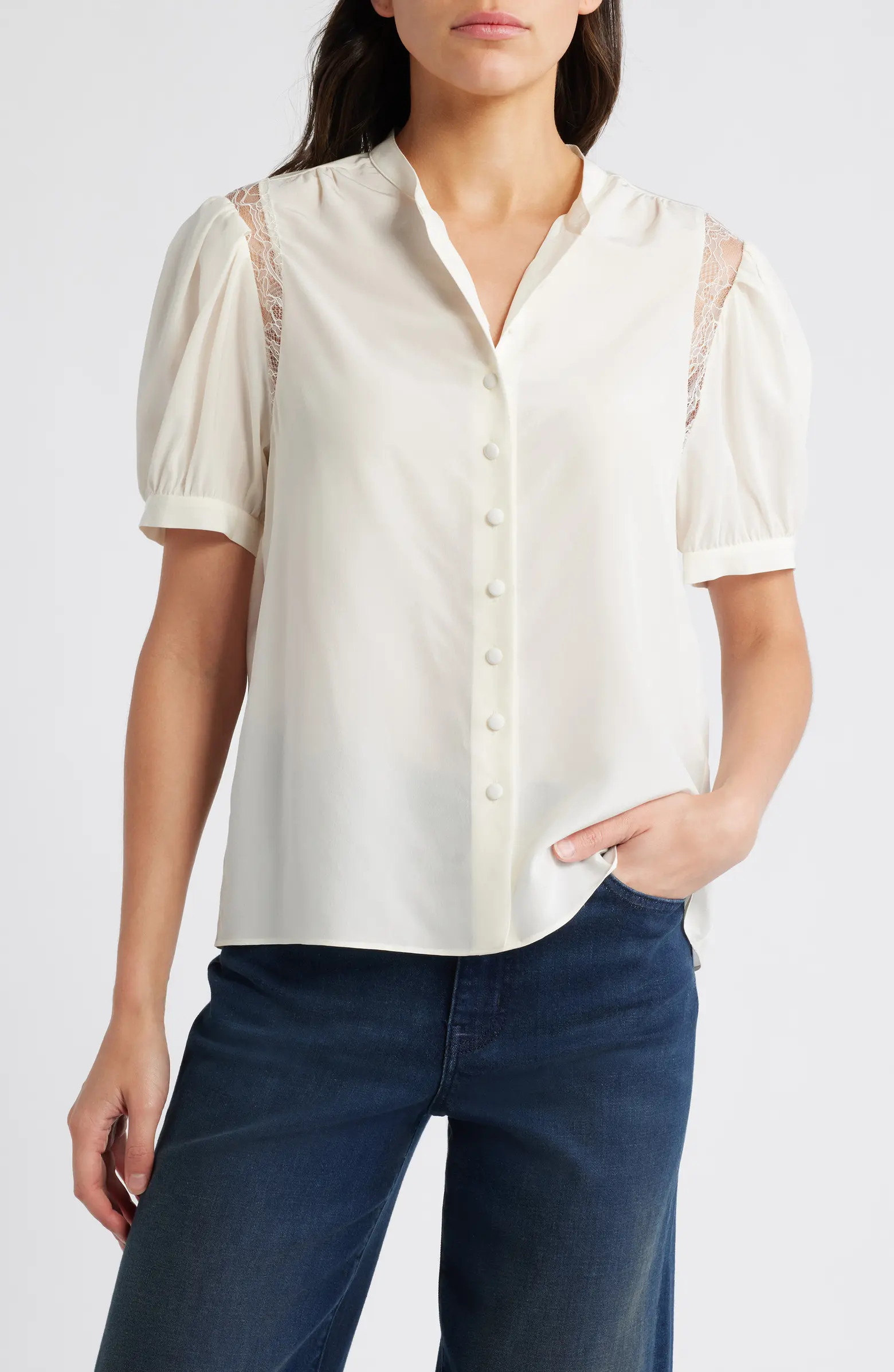 Lace Inset Silk Button-Up Shirt | Nordstrom